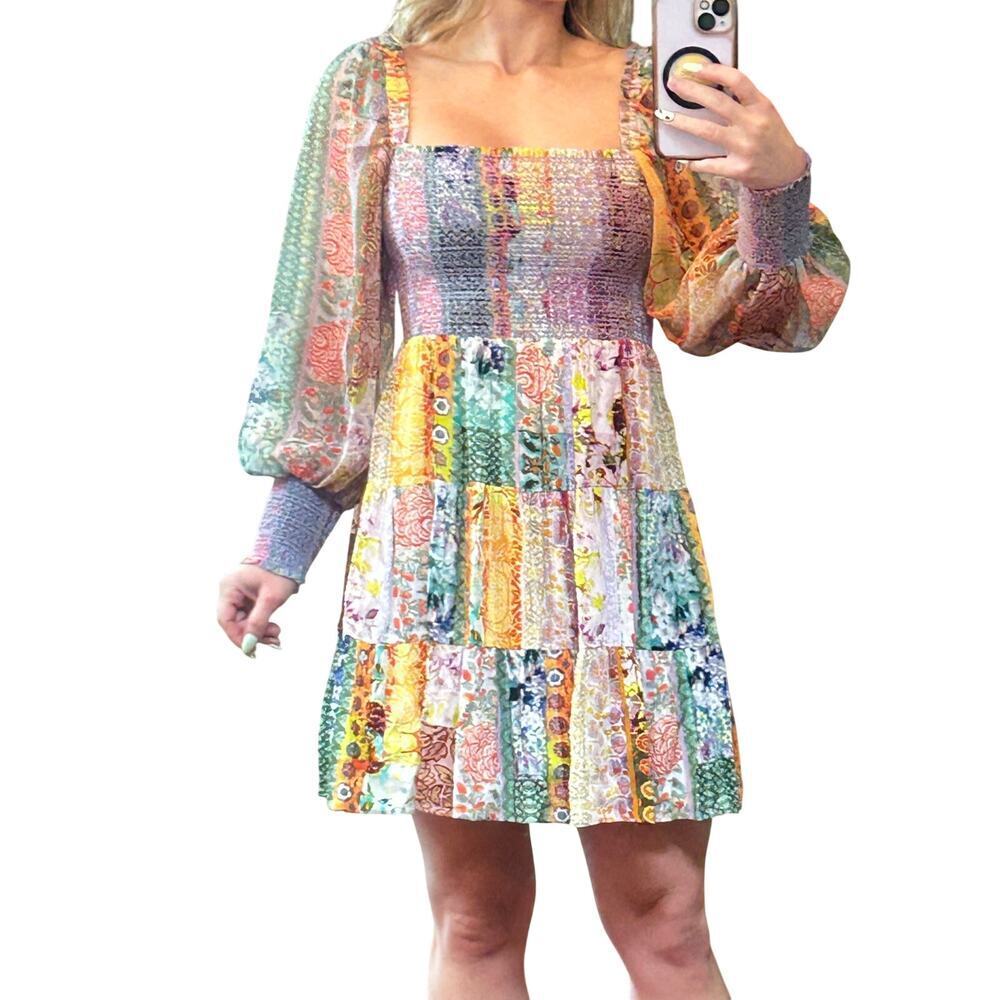 Alice + Olivia Rowen Patchwork Smocked Mini Dress NWOT - Size XS